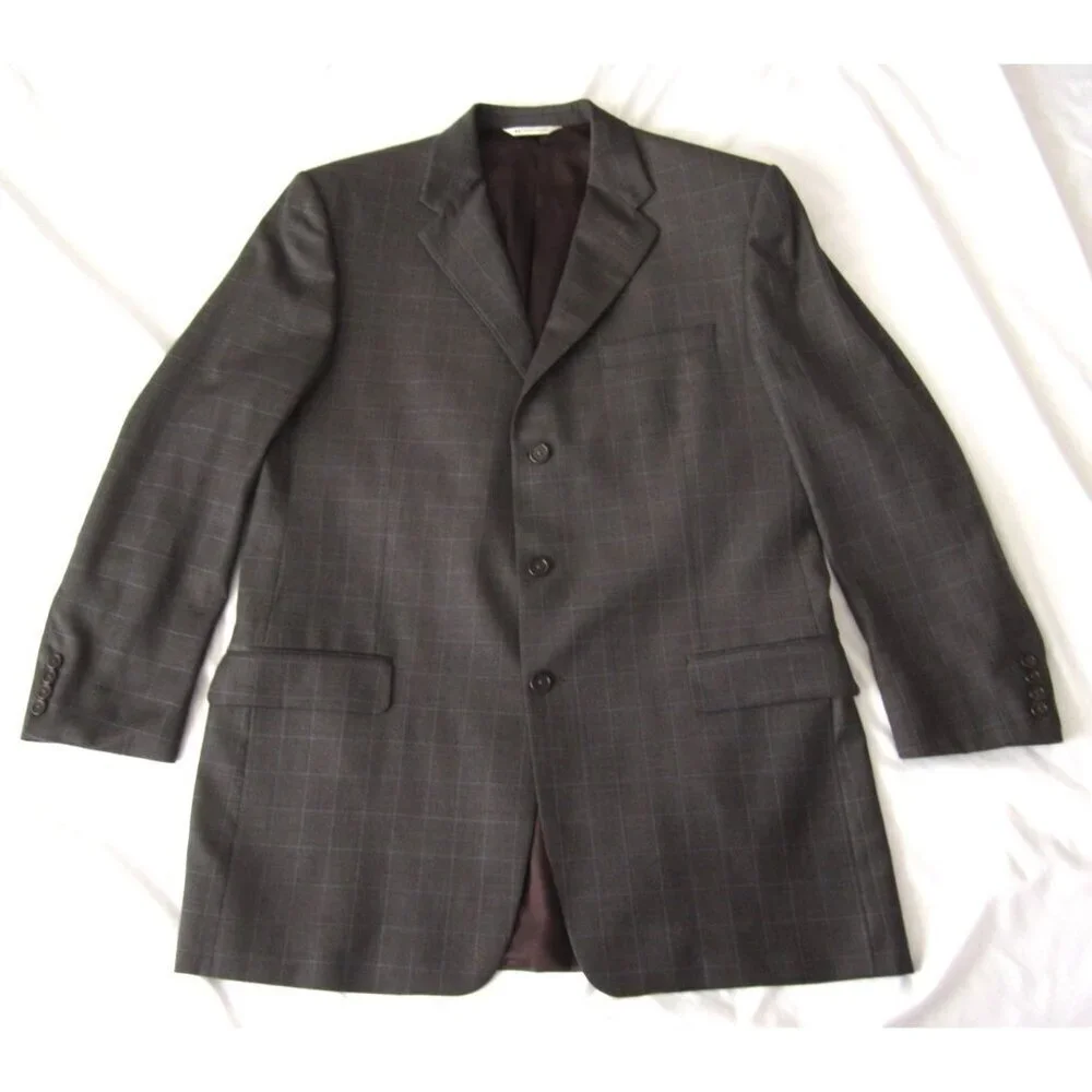 Men‎ Hickey Freeman 3 Button Reda Wool Plaid Blazer Jacket Sz 44 Long (MJ52) USA